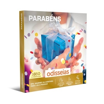 Caixa de presente Odisseias com brindes para spa e aventura.
