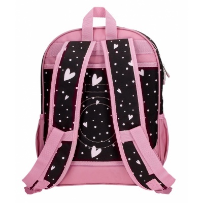 Mochila rosa com alças pretas decoradas com corações brancos