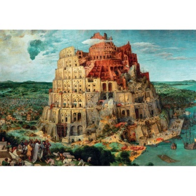Pintura da Torre de Babel com arquitetura escalonada e figuras humanas