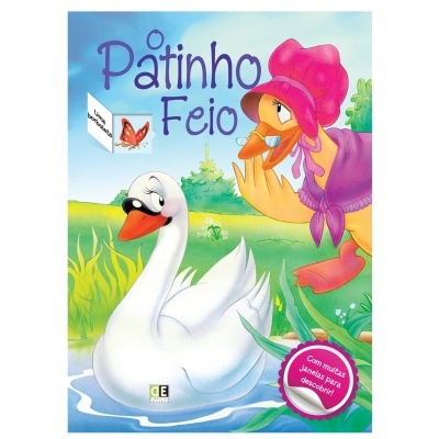 Capa colorida de livro infantil com cisne branco e pato amarelo em ambiente natural