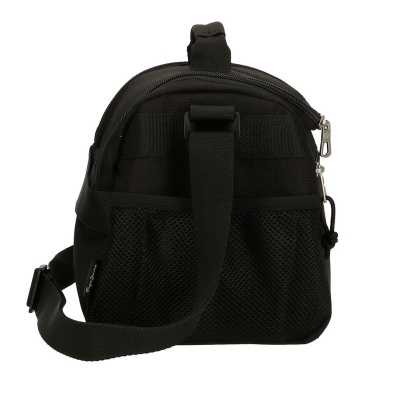 Mochila preta compacta com bolso frontal em rede e alça ajustável