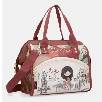Mala senhora Anekke em tecido terracota com bolso branco e ilustração time to bloom