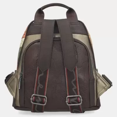 Mochila de couro marrom escuro e bege vista de costas