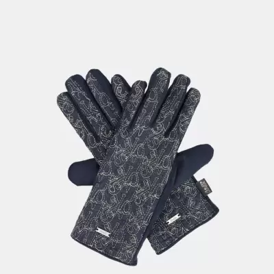 Luvas pretas com padrões brancos e etiqueta MARC