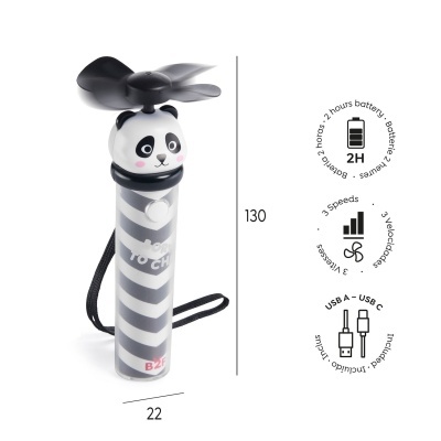 Ventoinha portátil com padrão às riscas e formato de panda na parte superior
