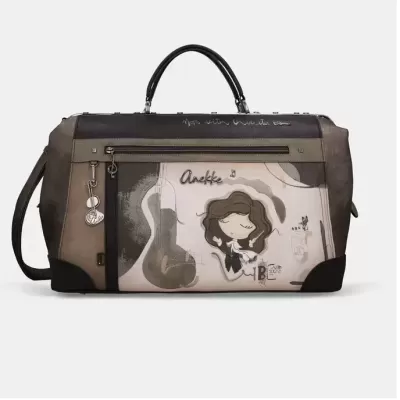 Mala de viagem castanha com ilustração de rapariga e guitarra