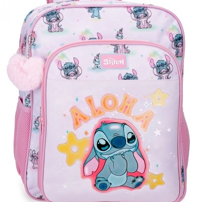 Mochila rosa com estampado do Stitch e texto ALOHA