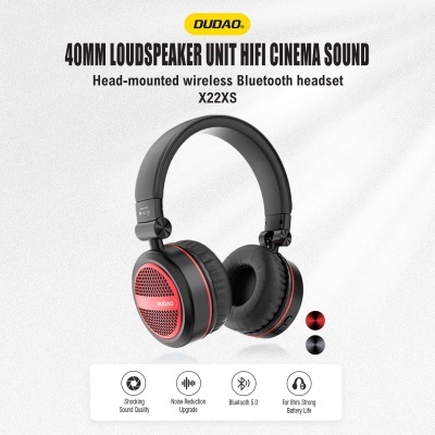 Headset Bluetooth sem fios preto e vermelho DUDAO X22XS com altifalhas de 40mm e texto explicativo