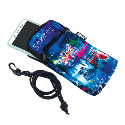 Bolsa para telemóvel azul com padrão graffiti colorido e fecho preto