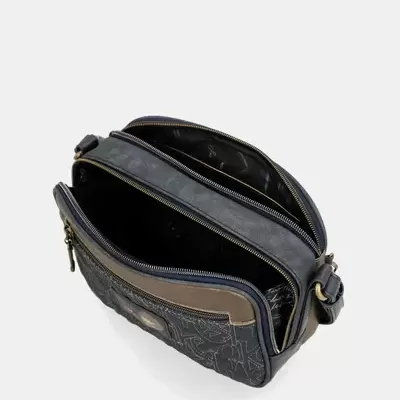 Bolsa de ombro azul escuro com padrão monograma e detalhes castanhos