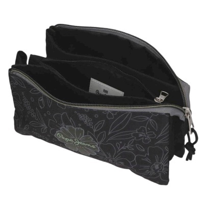 Estojo preto com padrão floral e logo Pepe Jeans
