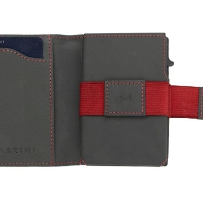 Carteira cinza com fecho vermelho e etiqueta GARZINI
