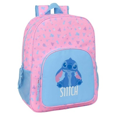 Mochila rosa com padrão azul e bolso frontal azul com Stitch
