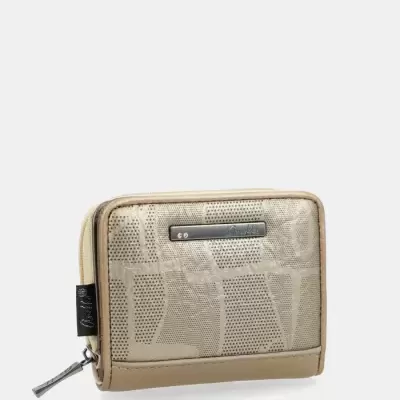 Carteira pequena bege com padrão perfurado e placa metálica Anekke