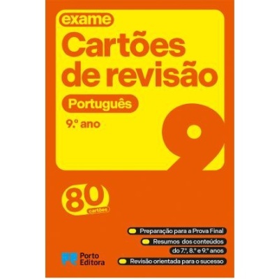 Capa amarela e laranja de cartões de revisão para o 9.º ano de Português