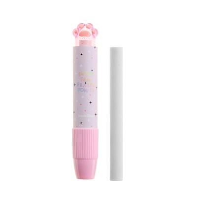 Apagador rosa com ponta em forma de pata e texto colorido em fundo branco