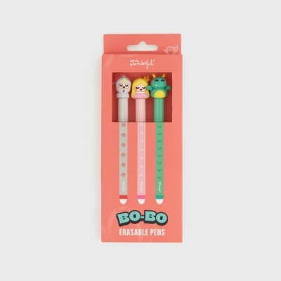 Conjunto de três canetas apagáveis BO-BO em caixa cor-de-rosa com personagem topo
