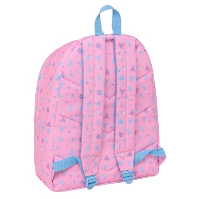 Mochila rosa com padrão azul e roxo, alças azuis ajustáveis
