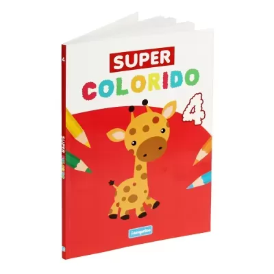 Livro para colorir vermelho e branco com girafa e lápis de cor.