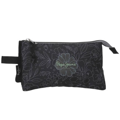 Estojo preto com padrão floral cinza e texto Pepe Jeans