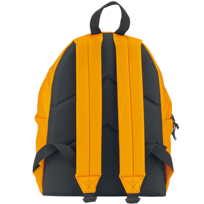 Mochila preta e laranja vista pelas costas com alças acolchoadas