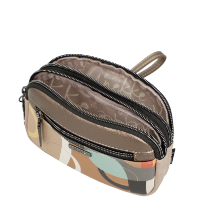 Estojo pequeno bege com zíper e padrão geométrico colorido