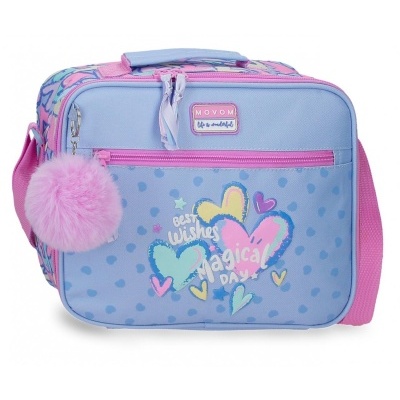 Mala azul e rosa com corações coloridos e pompom cor-de-rosa