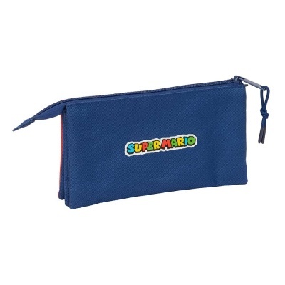 Estojo azul escuro com fecho e logo Super Mario colorido