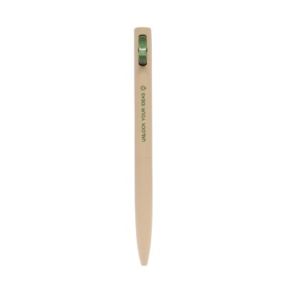 Caneta bege com clip verde e texto UNLOCK YOUR IDEAS