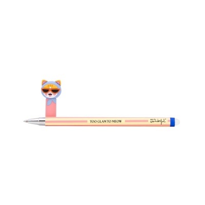 Caneta decorativa com figura de gato azul e corpo amarelo com riscas cor-de-rosa