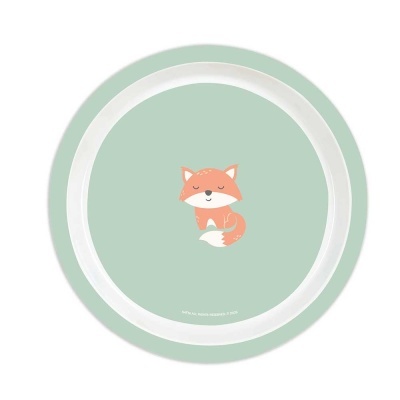 Prato redondo verde claro com raposa desenhada no centro