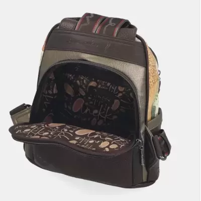 Mochila castanha e dourada com padrão e interior forrado com texto decorativo