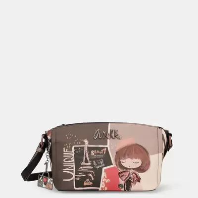 Bolsa de ombro castanha e rosa com ilustração feminina e texto