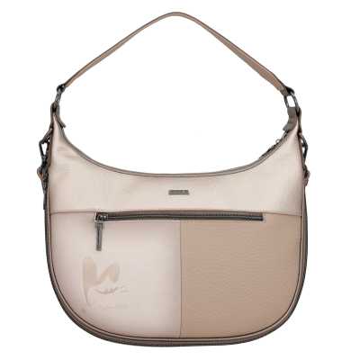 Mala de ombro bege e rosa com fecho de correr frontal e gravação