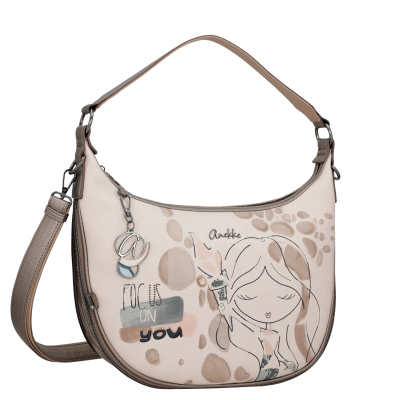 Mala de ombro bege com ilustração e texto