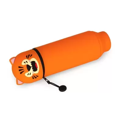 Estojo cilíndrico laranja com fecho e cabeça de tigre