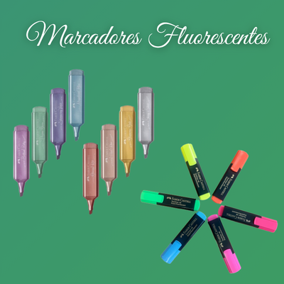 Conjunto de marcadores fluorescentes coloridos sobre fundo verde com texto