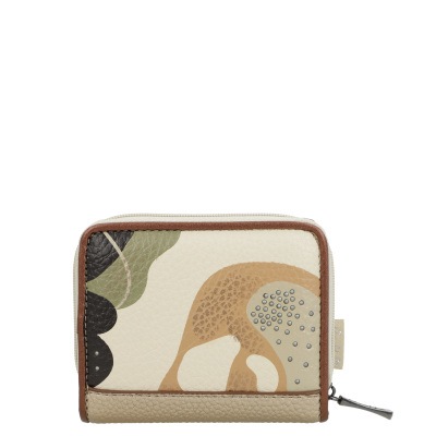 Carteira em couro sintético padrão abstrato bege e castanho com fecho de correr.