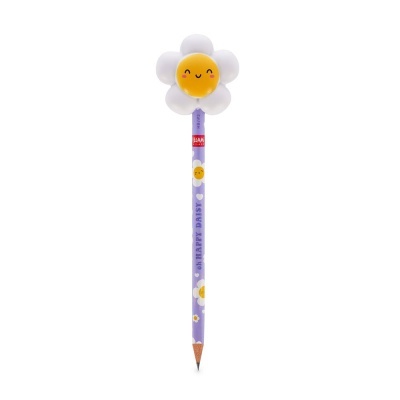 Lápis lilás com topo em forma de margarida sorridente