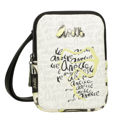 Bolsa pequena branca com padrão de texto Anekke e estrela amarela