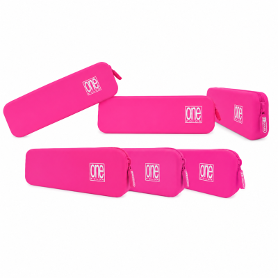 Conjunto de estojo escolar rosa com fecho e logo one COLOR