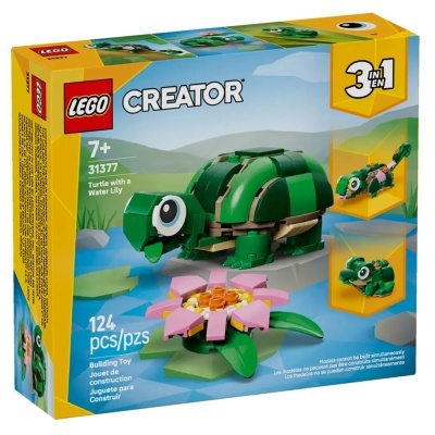 Caixa de LEGO Creator 3 em 1 com modelo de tartaruga verde e flor de lótus de peças LEGO