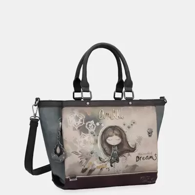 Mala de ombro cinza e bordeaux com ilustração de personagem feminina e texto