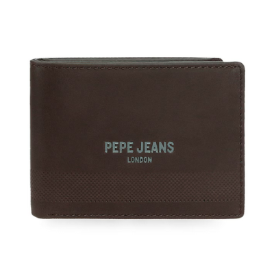Carteira de pele castanha escura com logo Pepe Jeans London em azul