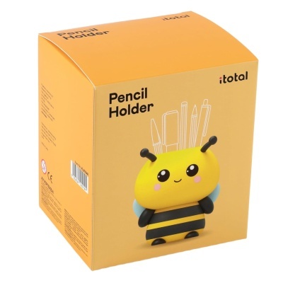 Embalagem amarelo com porta-lápis abelha amarela e preta com asas e antenas.