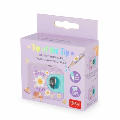 Apontador elétrico lilás com flores e texto decorativo