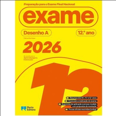 Capa de livro amarelo com texto em laranja e vermelho Exame 2026 Desenho A 12.º ano