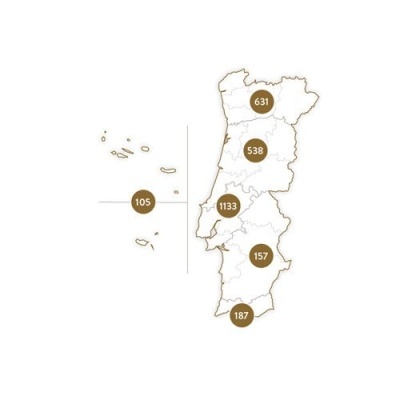 Mapa de Portugal com números em círculos castanhos nas regiões