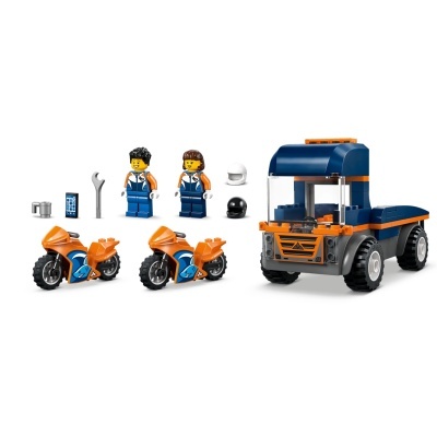 Set LEGO com motos laranja, camião azul, duas mini-figuras e acessórios