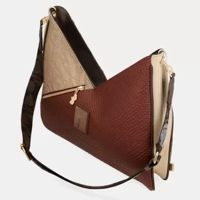 Mala de ombro castanha e bege com alça ajustável e fecho zip dourado